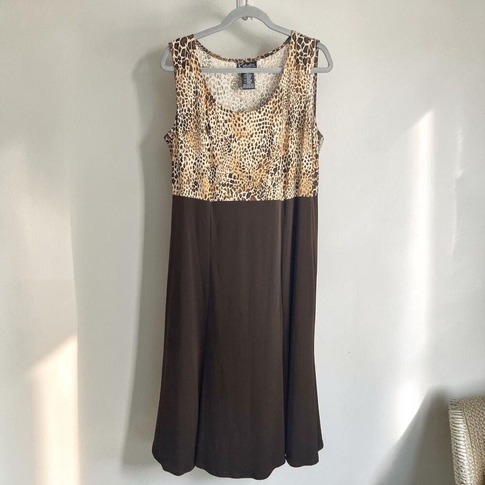 Vintage 90s K Studio 18W Plus Dress Animal Print Brown Midi A-Line Retro Office